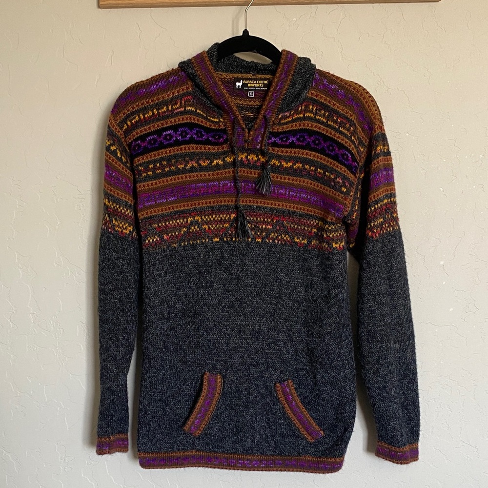 Alpaca Exotic Imports Men's Gray Multicolor Hooded Knit Sweater Size S